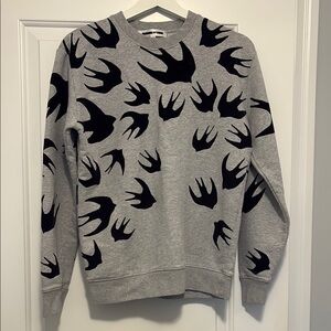 Gray Crewneck Sweater with Black Swallow Print